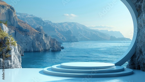 A white circular podium on the right, overlooking beautiful island scenery. © DWN Media