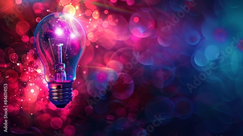 Abstract background with colorful light bulb and digital elements on dark background, idea concept design for business technology innovation and creative thinking ideas