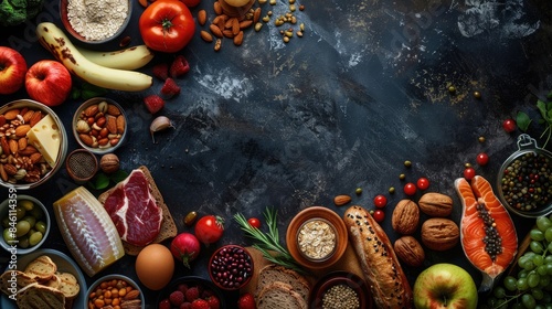 Top view of healthy food products, including meat and fish with fruits vegetables legumes nuts bread grains cheese on dark background