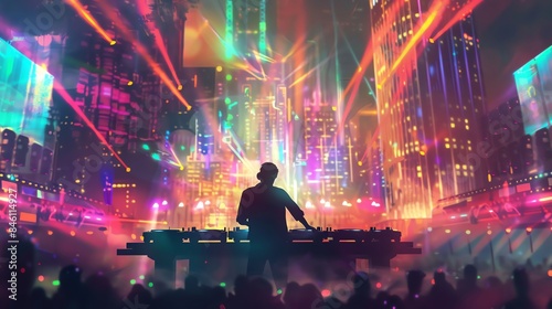 DJ performing at a vibrant club with colorful lights and a lively crowd, creating an electrifying atmosphere in a bustling city. photo