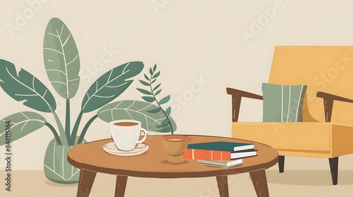 A vector depicting interior design furniture and decor, including a wooden coffee table with a cup of coffee or hot tea and a book, styled for a living room or bedroom in a flat style