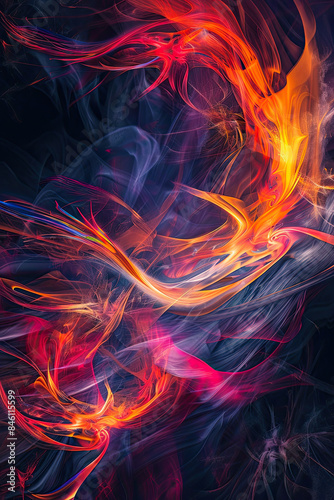 Dynamic fire dancer: abstract patterns, vibrant colors, dark backdrop, sparks, fluid motion.