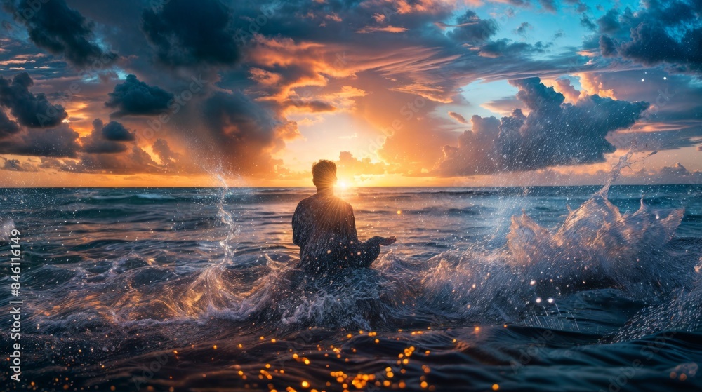 Obraz premium Man sitting in ocean waves at sunset