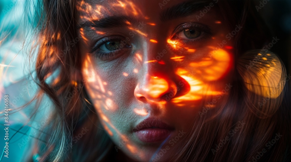 Close-up portrait of woman with sunlight patterns on face Close-up portrait of woman with sunlight patterns on face