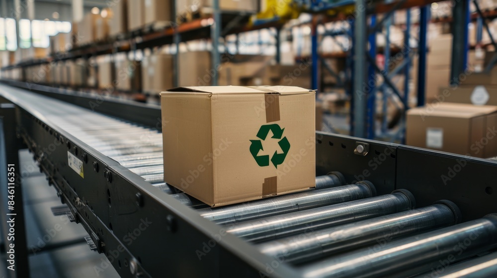 Efficient transport of eco friendly cardboard box on conveyor belt in advanced logistics facility