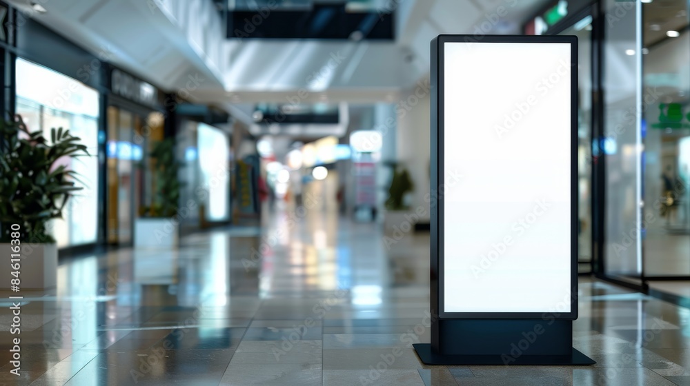 Black digital advertising stand with a blank white screen in the mall, a mockup of a vertical billboard for text and logo on a blurred background of an interior shopping center or airport entrance Black digital advertising stand with a blank white screen in the mall, a mockup of a vertical billboard for text and logo on a blurred background of an interior shopping center or airport entrance