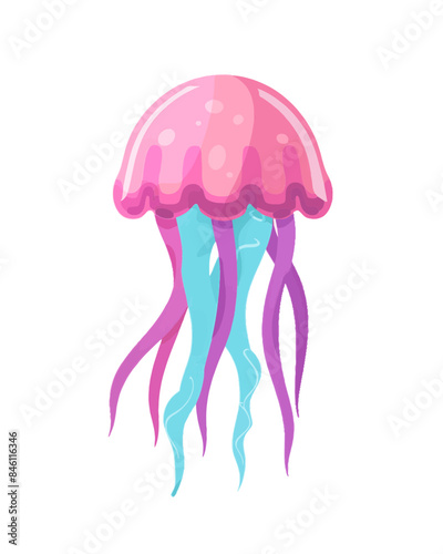 purple teal colorful cute friendly ocean floating swimming marine maritime cnidarian cartoon jellyfish resizable vector white background illustrative art generative ai