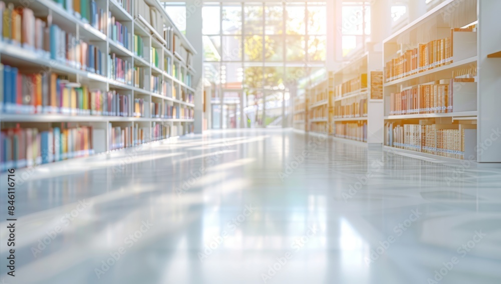 Blurred background of a modern library with bookshelves and a white floor, sunlight coming through the window, bright light, closeup Blurred background of a modern library with bookshelves and a white floor, sunlight coming through the window, bright light, closeup