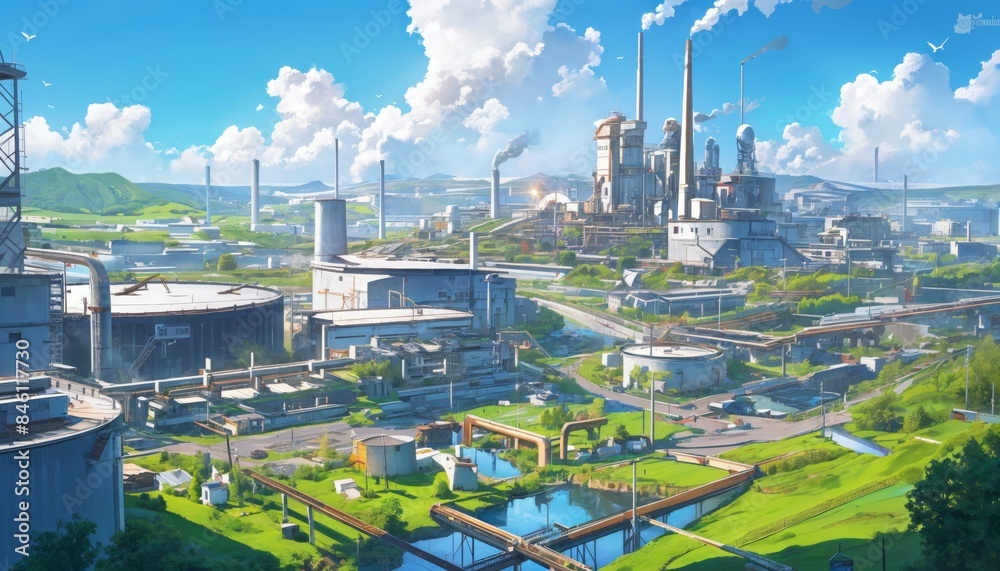 Obraz premium A biofuel refinery plant converting organic waste into renewable energy, situated in a lush and verdant landscape under a bright sunny sky with scattered clouds.