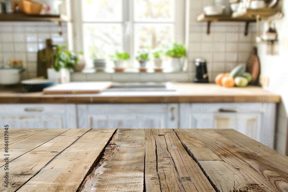 Empty wooden table and blurred kitchen background Empty wooden table and blurred kitchen background