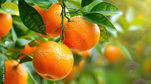 Ripe Tangerine Oranges on Branch in Organic Orchard photo
