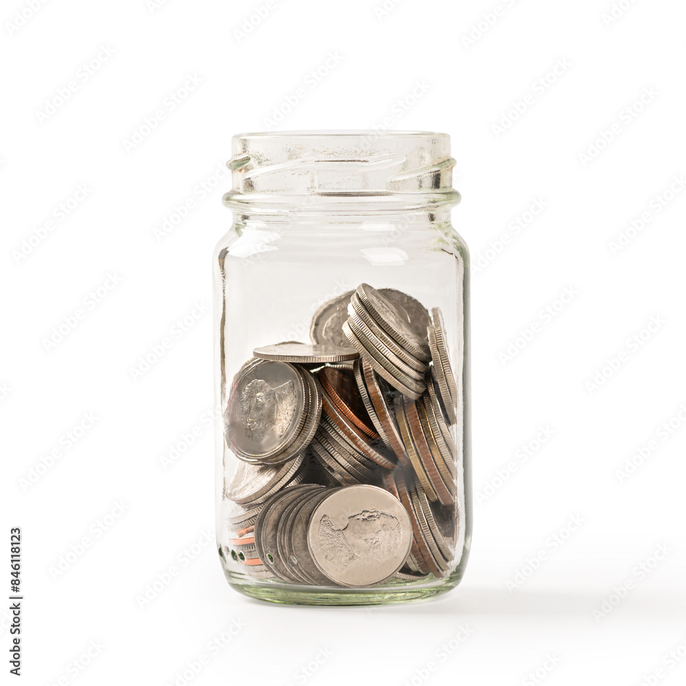 Glass jar with coins isolated on white background. Glass jar with coins isolated on white background.