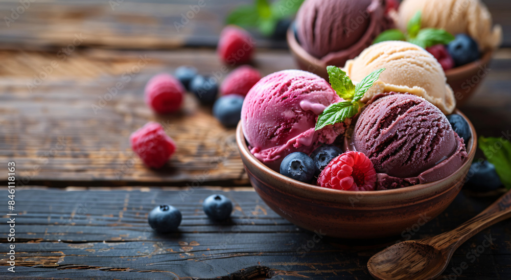 Assorted ice cream scoops in bowls on a wooden table, a delicious and refreshing summer treat Assorted ice cream scoops in bowls on a wooden table, a delicious and refreshing summer treat