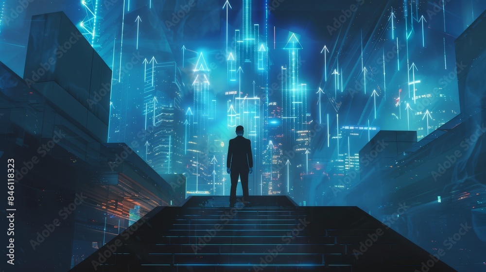 Businessman standing on stairs at night with a digital glowing background of upward arrows and a cityscape. Businessman standing on stairs at night with a digital glowing background of upward arrows and a cityscape.