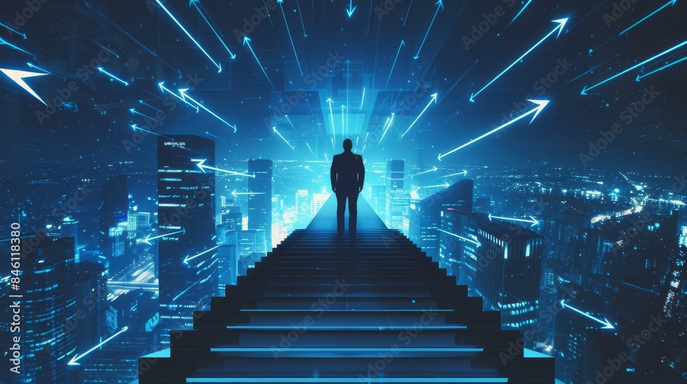 Businessman standing on stairs at night with a digital glowing background of upward arrows and a cityscape. Businessman standing on stairs at night with a digital glowing background of upward arrows and a cityscape.