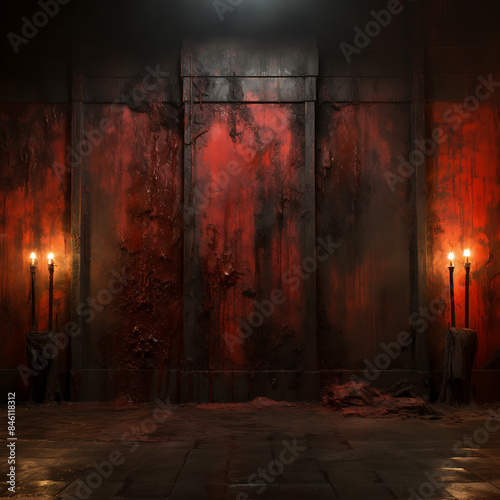 Bloody corridor in abandoned building. Horror Halloween concept. 3D Rendering