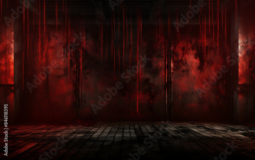 Bloody corridor in abandoned building. Horror Halloween concept. 3D Rendering photo