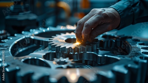 Businessman's hand putting cogs into place on gear system in motion with light glowing inside and background is dark blue with blurred factory working scene © DWN Media