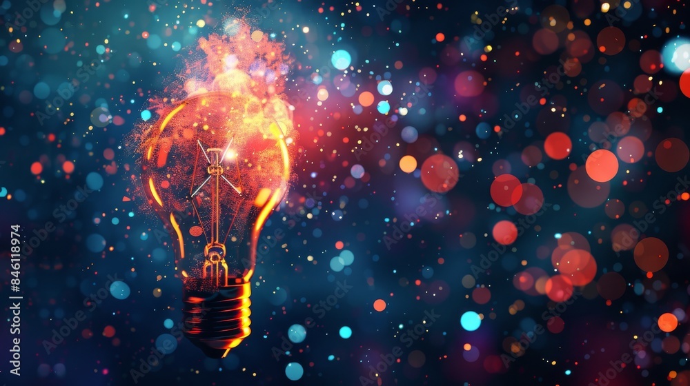 Creative concept background with light bulb and digital elements, colorful effect on dark abstract background, idea of innovation and creativity in business or technology Creative concept background with light bulb and digital elements, colorful effect on dark abstract background, idea of innovation and creativity in business or technology