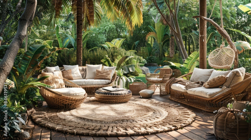 Obraz premium Tropical outdoor seating area with wicker furniture and lush greenery, offering a relaxing and tranquil environment for leisure and relaxation.