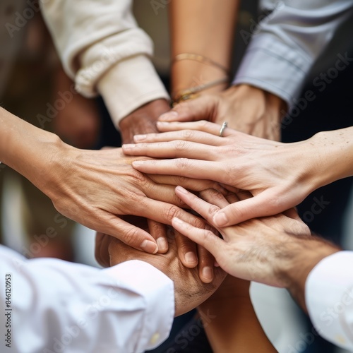 Group of hands stacked together in a teamwork gesture. Teamwork and unity concept