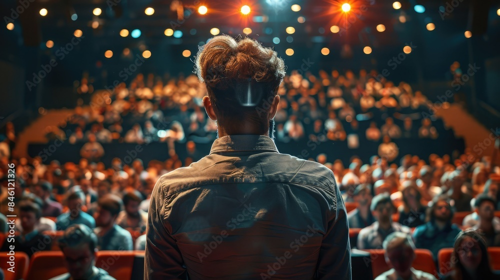 Speaker addressing a large audience in a theater, captured from the speaker's point of view with focus on audience and stage lighting. Speaker addressing a large audience in a theater, captured from the speaker's point of view with focus on audience and stage lighting.
