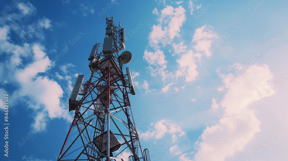 Antenna tower of telecommunication and Phone base station with TV and wireless internet antennas