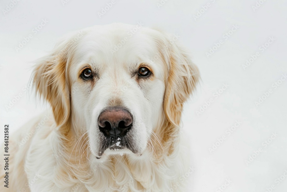 Golden retriever dog sitting on white background in closeup portrait for animal lovers and pet owners Golden retriever dog sitting on white background in closeup portrait for animal lovers and pet owners