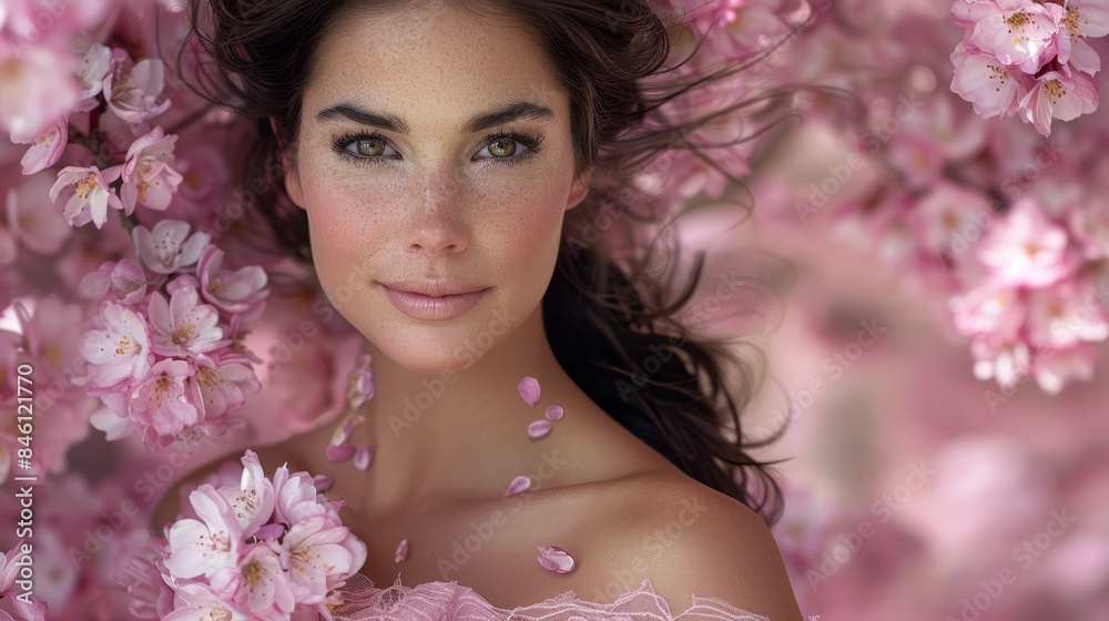 Portrait of a serene woman surrounded by vibrant pink cherry blossoms, capturing the essence of springtime beauty and nature?s floral elegance Portrait of a serene woman surrounded by vibrant pink cherry blossoms, capturing the essence of springtime beauty and nature?s floral elegance