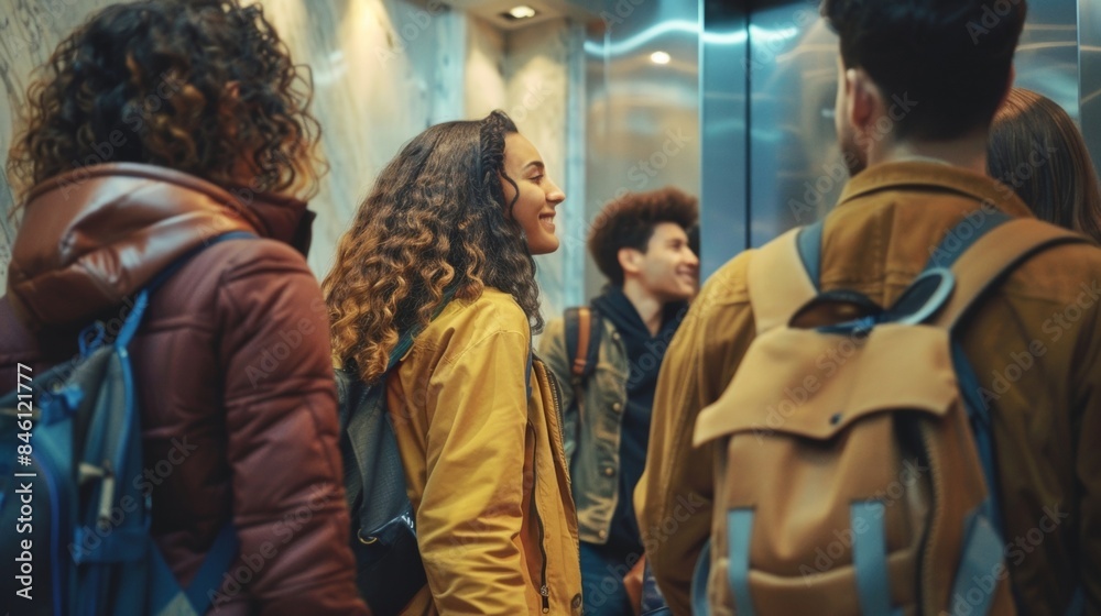 Obraz premium A group of friends backs to the camera chat and laugh as they wait for the elevator in the bustling lobby of a skyser. . .