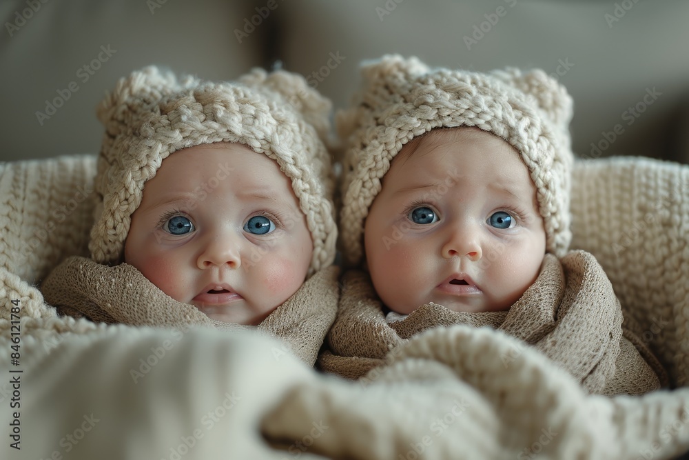 Two adorable babies with big blue eyes, bundled up in cozy knitted hats and blankets, capturing a heartwarming and tender moment