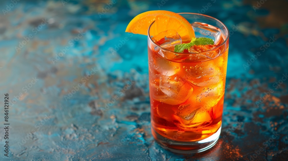 Glass of refreshing iced cocktail garnished with an orange slice and mint leaves sitting on a vibrant teal background Glass of refreshing iced cocktail garnished with an orange slice and mint leaves sitting on a vibrant teal background