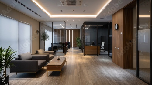 Modern office interior design featuring open-concept layout with sleek furniture, glass partitions, and natural lighting for a contemporary workspace