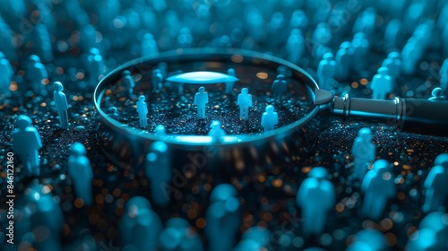The magnifying glass focuses on a blue human icon figure that stands out among a group of people, thinking or as a leader concept