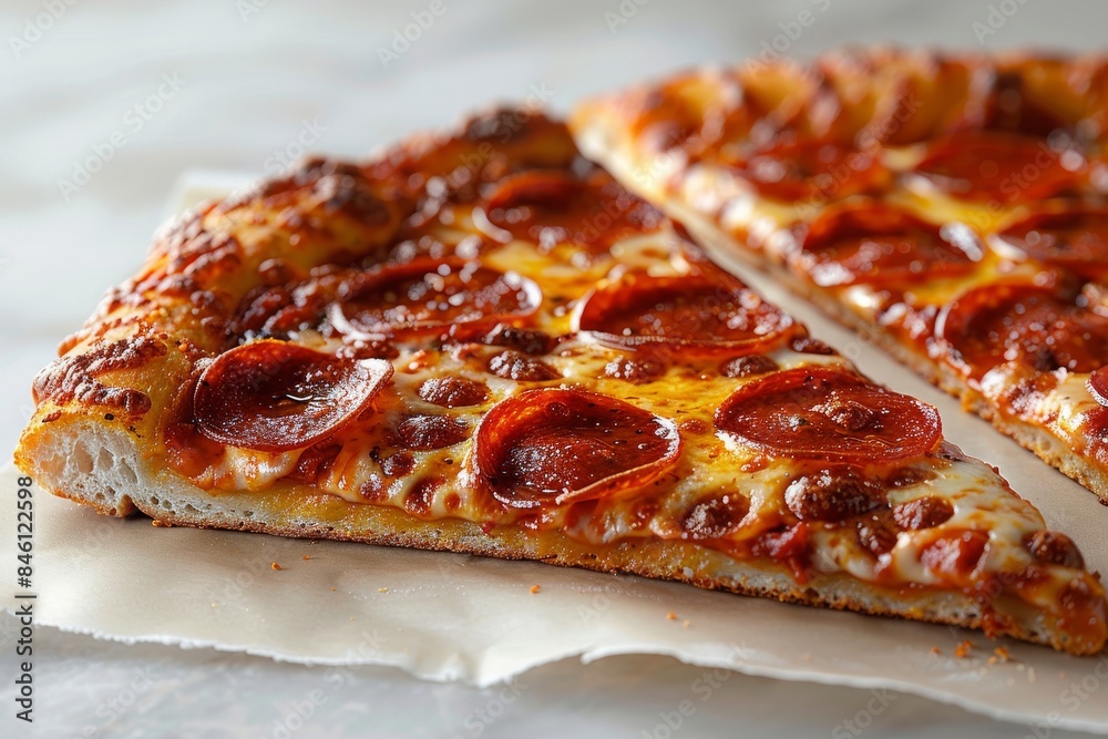 Slices of pepperoni pizza on parchment paper Slices of pepperoni pizza on parchment paper