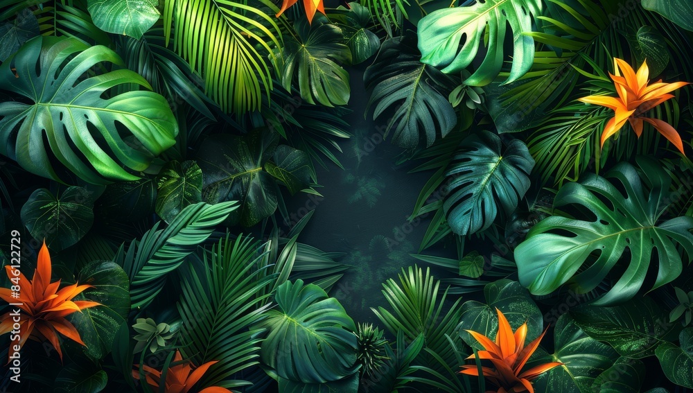 Tropical jungle background with green leaves, exotic plants and palm tree foliage. Exotic rainforest wallpaper for photo backdrop or poster design.