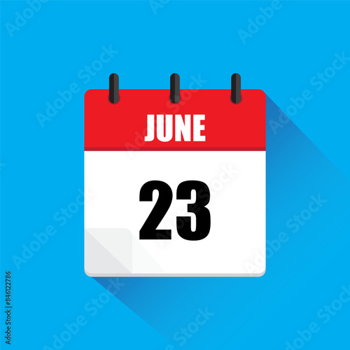 Vector calendar icon. June twenty third date. Red and white colors. Blue background.