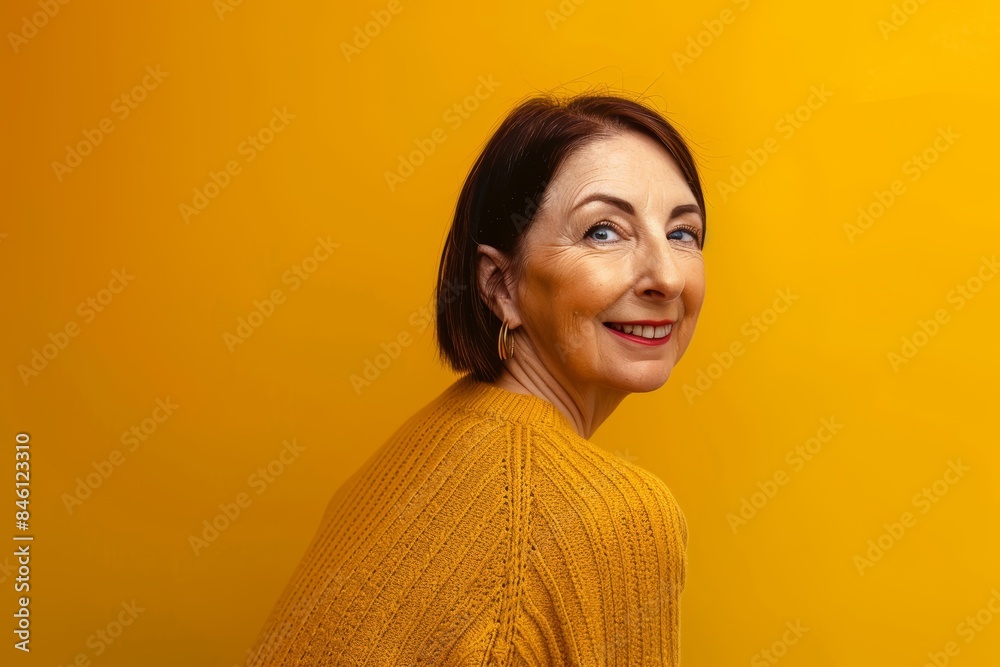 Smiling elderly woman with short black and white hair in a yellow knit sweater posing against a brightly lit yellow background