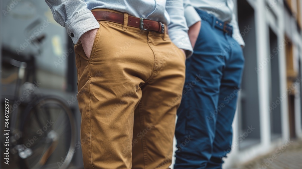 Two individuals standing side-by-side displaying smart casual fashion with one wearing mustard colored pants and the other wearing blue pants, hands in pockets, against an urban backdrop Two individuals standing side-by-side displaying smart casual fashion with one wearing mustard colored pants and the other wearing blue pants, hands in pockets, against an urban backdrop