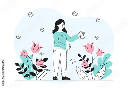 Woman with allergy. Sick young girl with red nose and handkerchiefs in her hands. Character suffers from allergen in flower pollen. Linear flat vector illustration