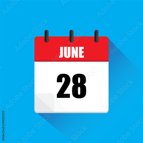 Calendar icon June. Red header June. Date number twenty eight. Blue background.