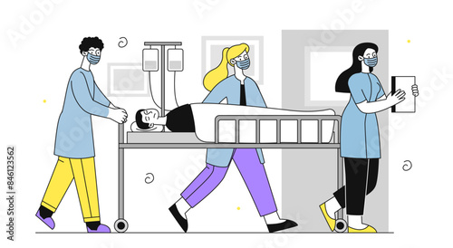 People in ambulance. Doctors take patient on gurney to operating room. Emergency assistance and life saving after accidents and incidents. Linear flat vector illustration
