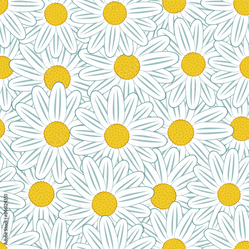 Daisy seamless pattern with white chamomile flowers floral background vector texture. Spring or summer illustration. Tiled background. Repeating tile. Gift wrapper paper.