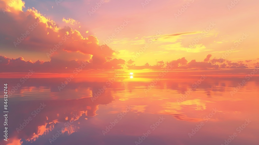 A breathtaking sunset over a calm sea with vibrant orange and pink colors reflecting on the water, creating a serene and peaceful atmosphere.
