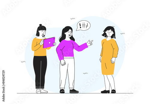 Bullying in school. Girl suffers from insults from students. Negative feelings and motivations. Depression, frustration and loneliness. Linear flat vector illustration