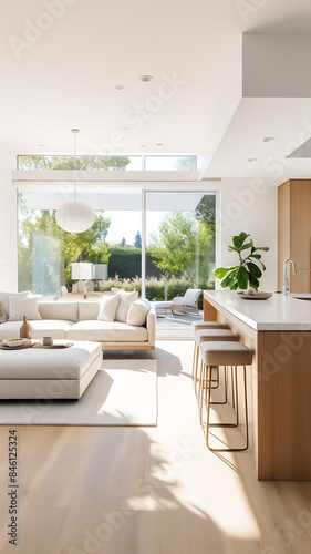 Interior of modern living room with white walls, wooden floor, white sofa and wooden coffee table.