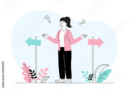 Woman choose path. Young girl stands near road signs. Metaphor of decision making and thinking. Direction and solution, pathway. Linear flat vector illustration