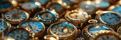 A close-up photograph of numerous intricately designed vintage pocket watches laid out together, showcasing their unique dials and detailed craftsmanship in a harmonious arrangement