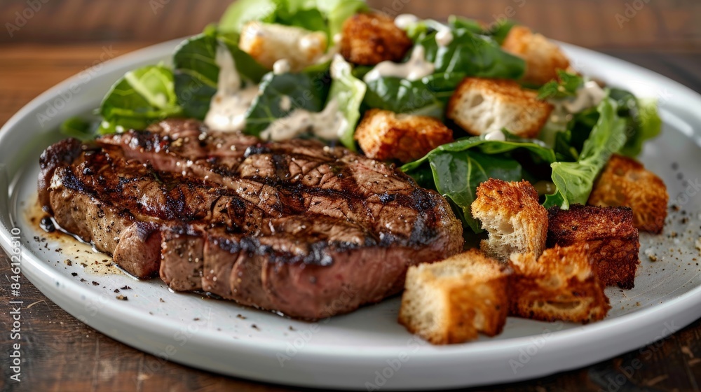 Grilled steak with a side of Caesar salad and garlic croutons Grilled steak with a side of Caesar salad and garlic croutons