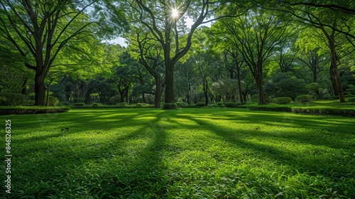 A beautiful and serene forest glade bathed in sunlight, with lush green grass, tall trees, and dappled light creating a peaceful atmosphere